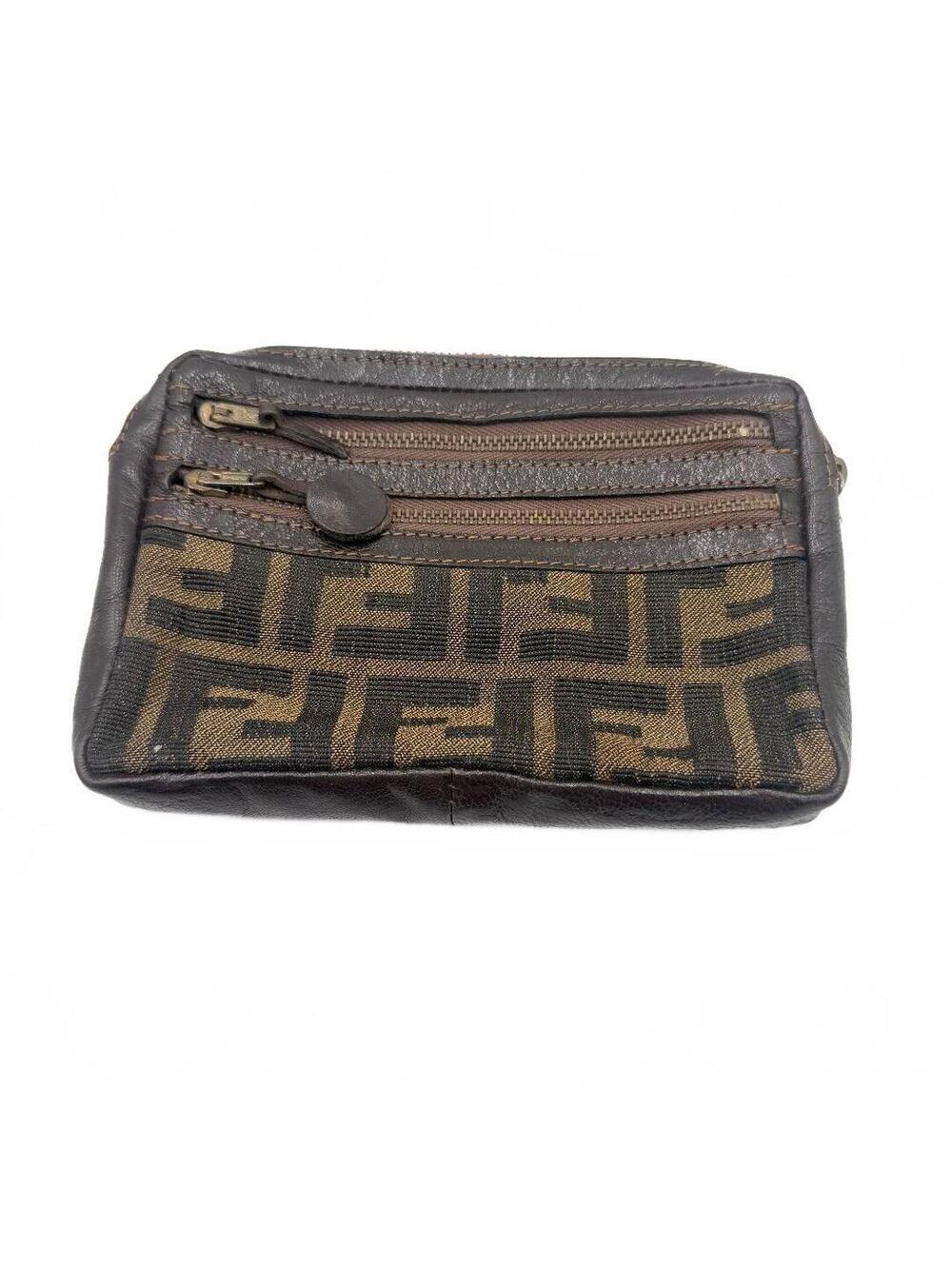 Fendi Vintage Zucca Canvas Leather Multi Zipper Pouch Coin Purse Cosmetic Bag
